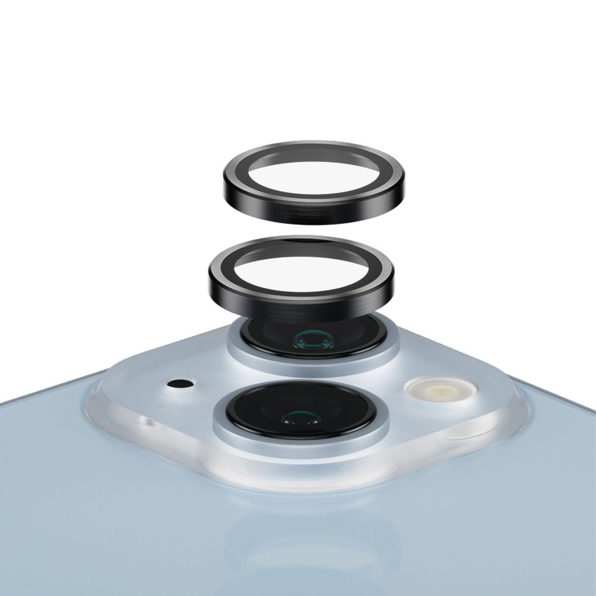 Telefoon cameralensbeschermers, met de lenzen gescheiden.