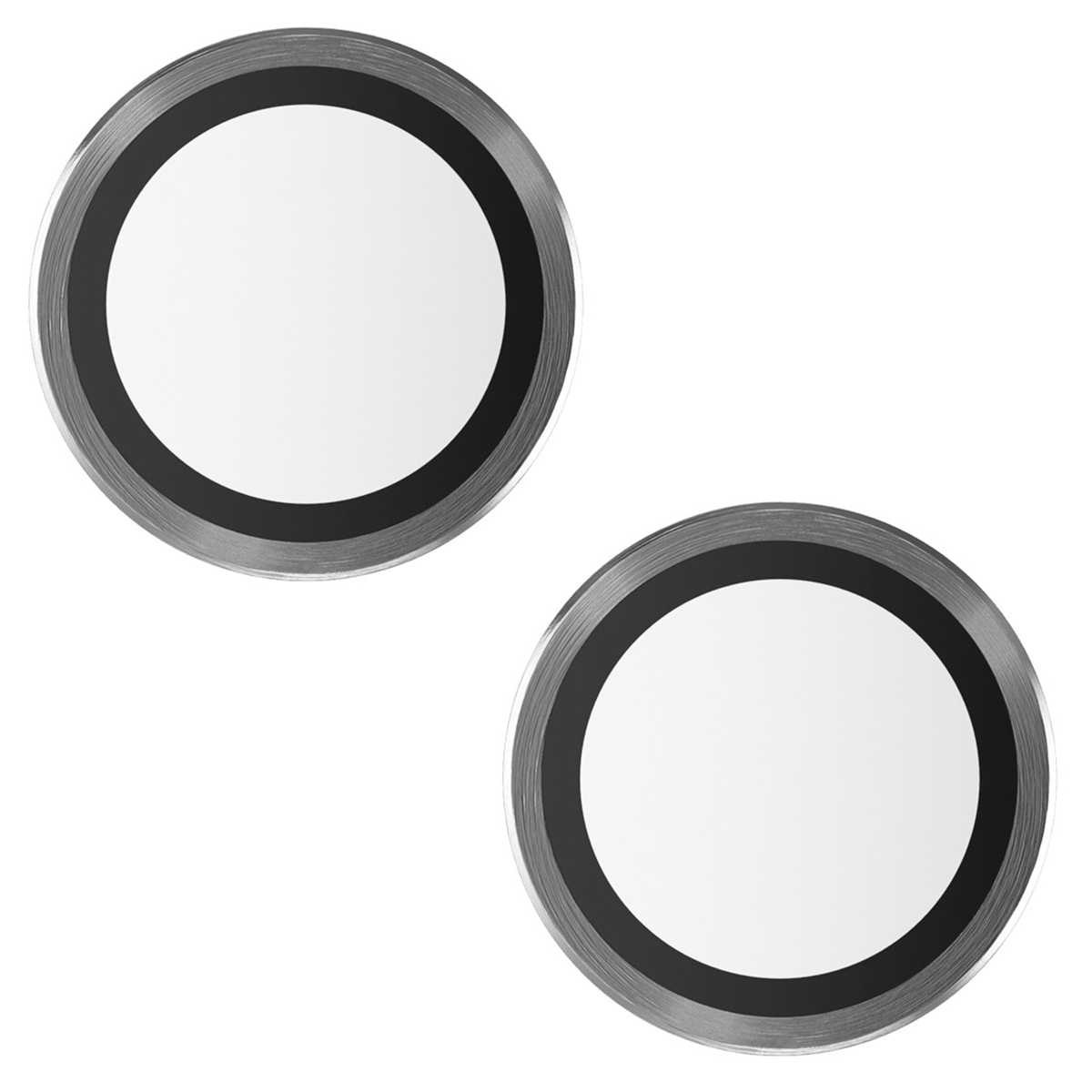 Twee zilveren ringen met een zwarte ring en een witte cirkel in het midden.