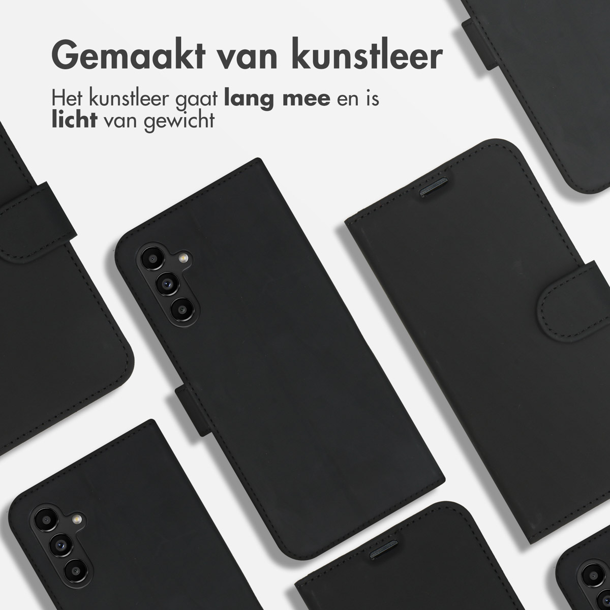 Meerdere zwarte telefoonportemonnees, met de binnenkant. De portemonnees zijn gemaakt van kunstleer.