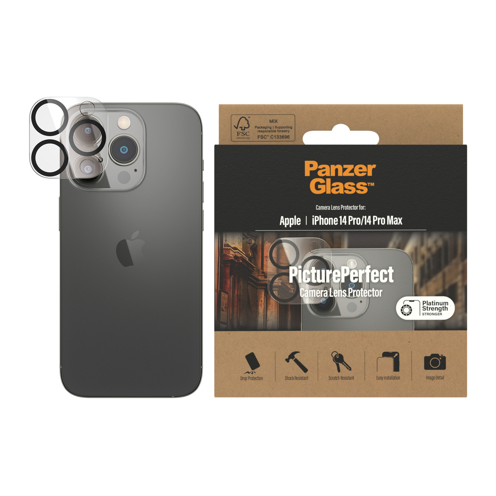 Cardboard box with a phone lens protector and an iPhone. The protector is in front of the phone.