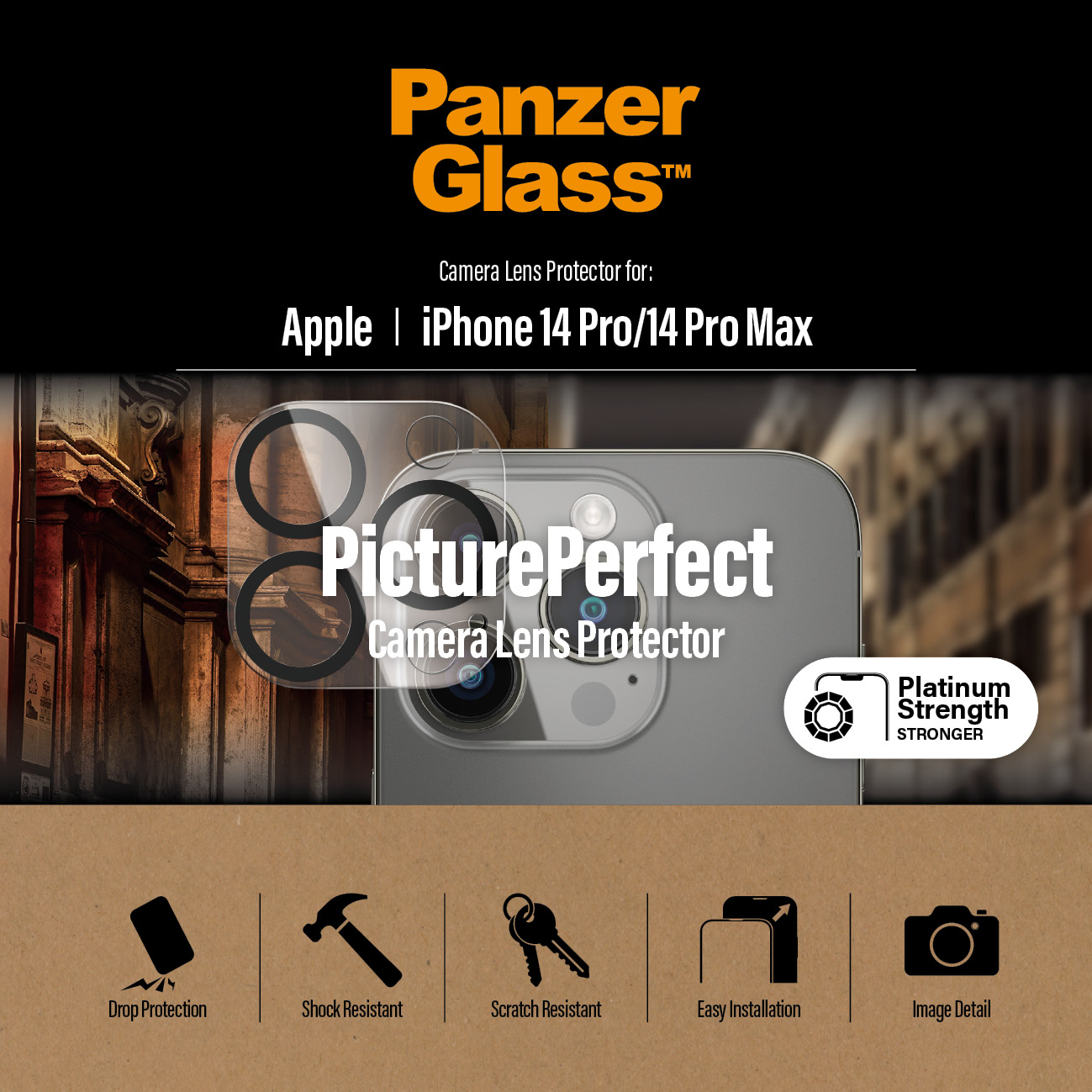 Camera lens protector, black background, text, and icons.