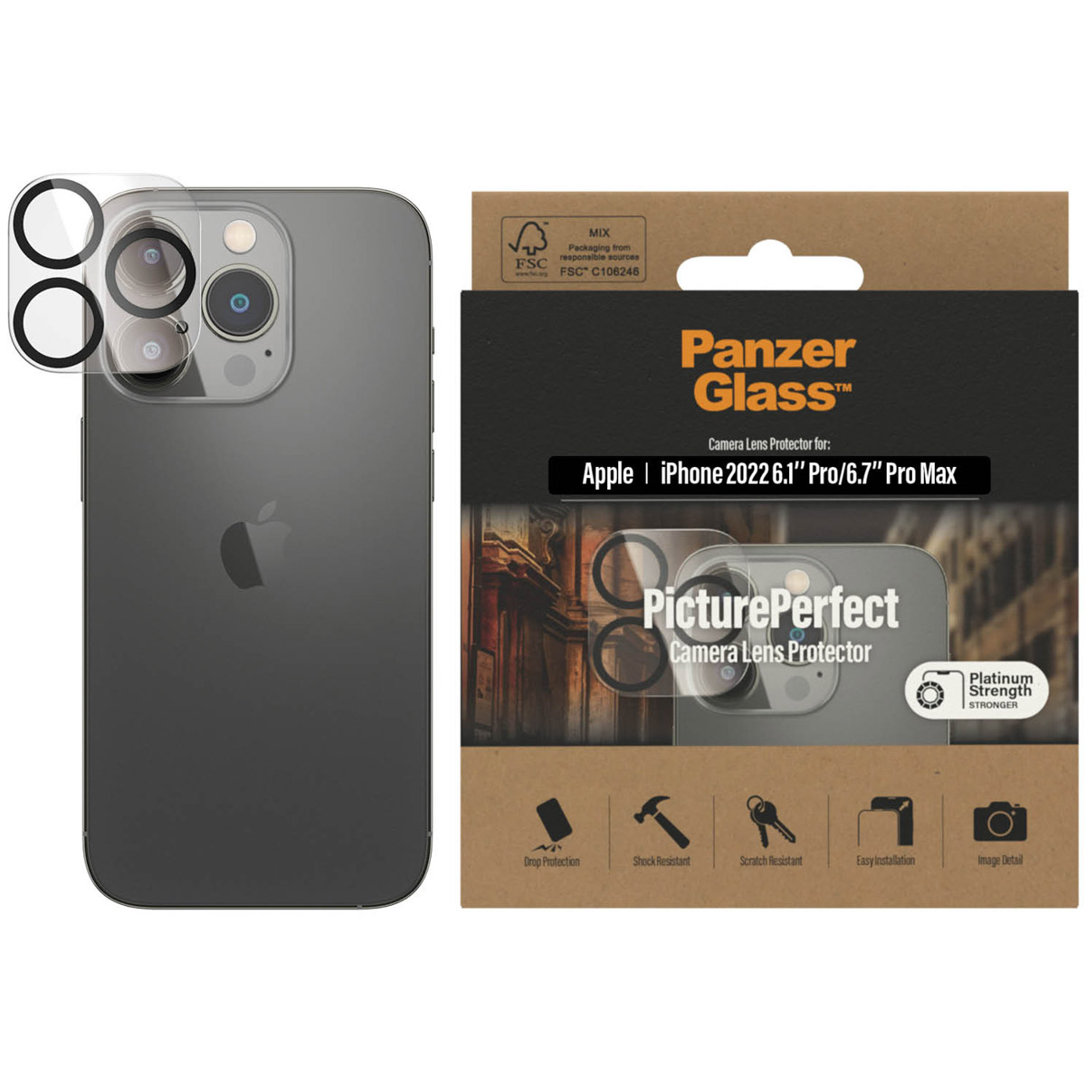 Camera lens protector and phone. The protector is clear, with text on the packaging.