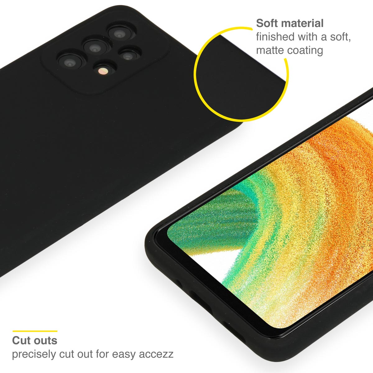 Une coque de téléphone noire, avec un revêtement mat. La coque protège le téléphone.