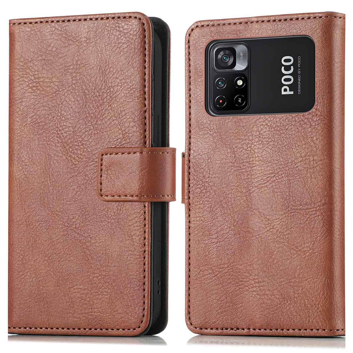 Coque de téléphone marron avec fermeture magnétique. Un téléphone est à l'intérieur, logo POCO visible.