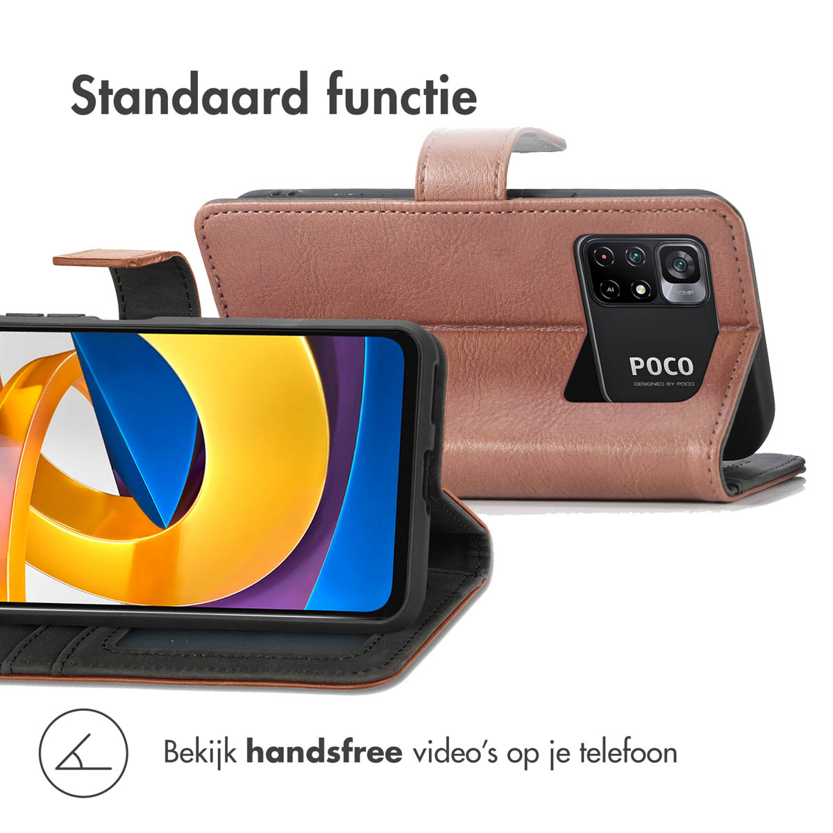 Coque de téléphone avec téléphone. Matériau simili cuir marron. Téléphone mains libres.