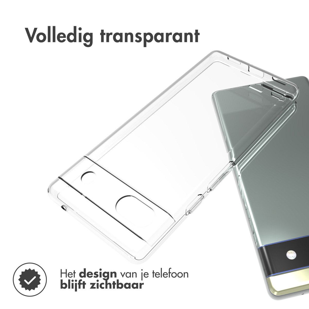 Custodia trasparente e un telefono. Testo olandese: 'Completamente trasparente'. Design visibile.