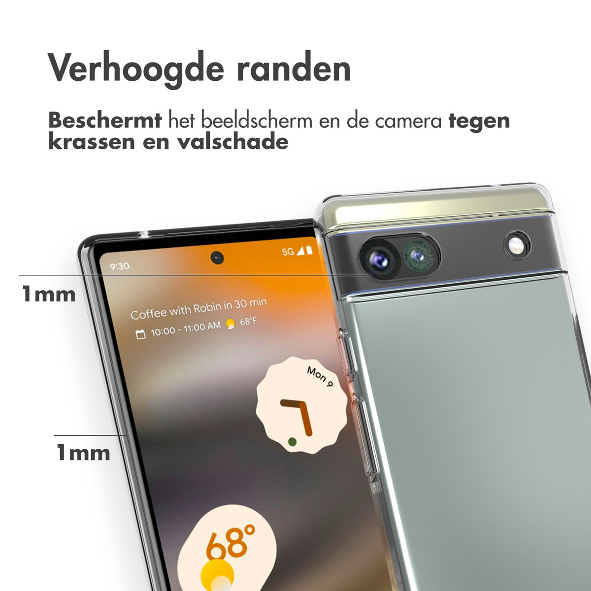 Une coque de téléphone transparente sur un téléphone, protégeant l'écran et la caméra. L'étui a des bords surélevés.