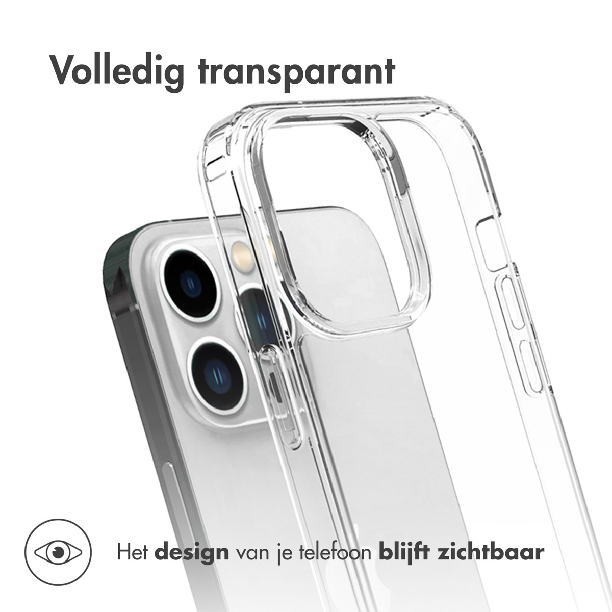 Coque transparente sur un téléphone. Le texte dit que le design reste visible.