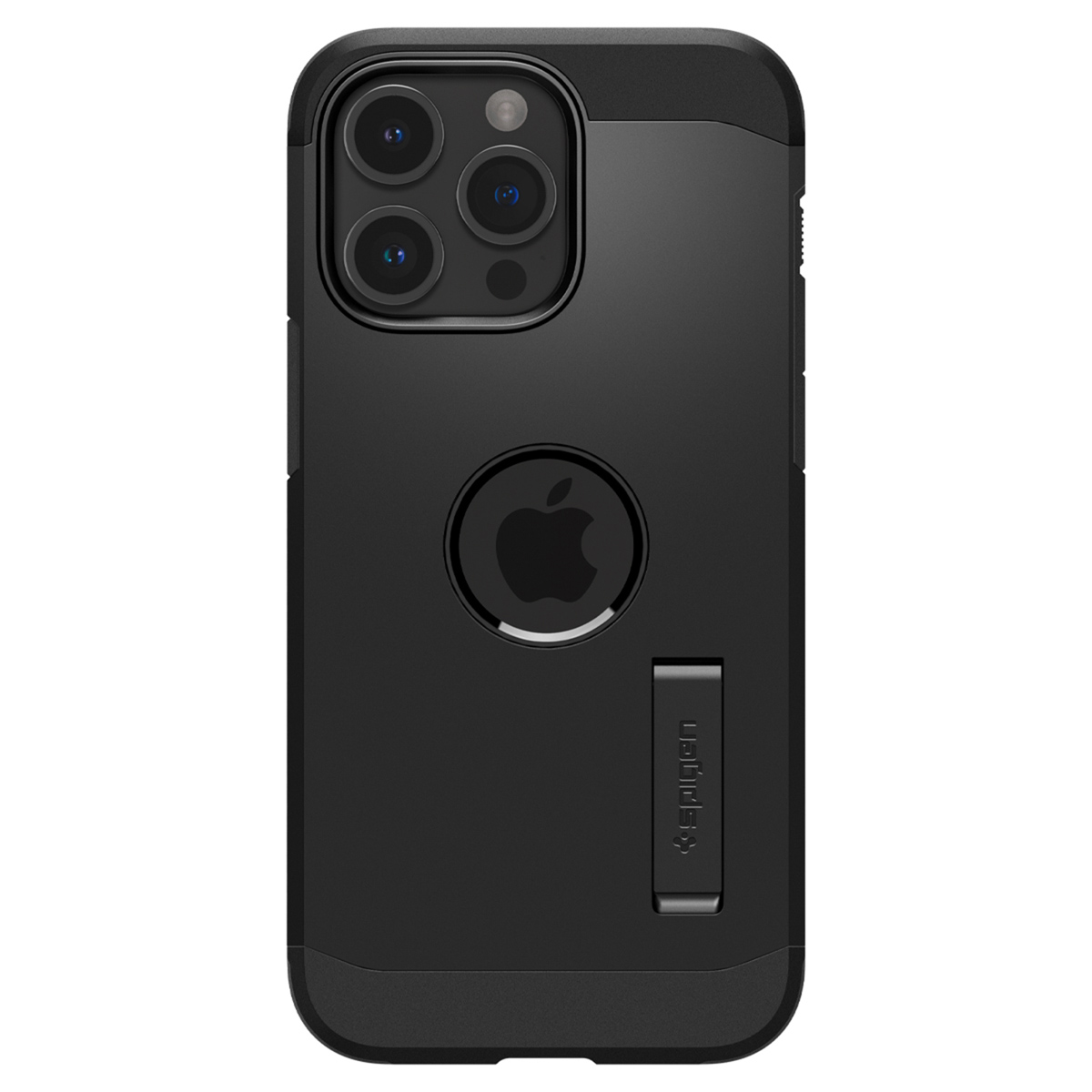 Coque de téléphone noire avec découpes pour appareil photo et logo Apple. Support intégré.