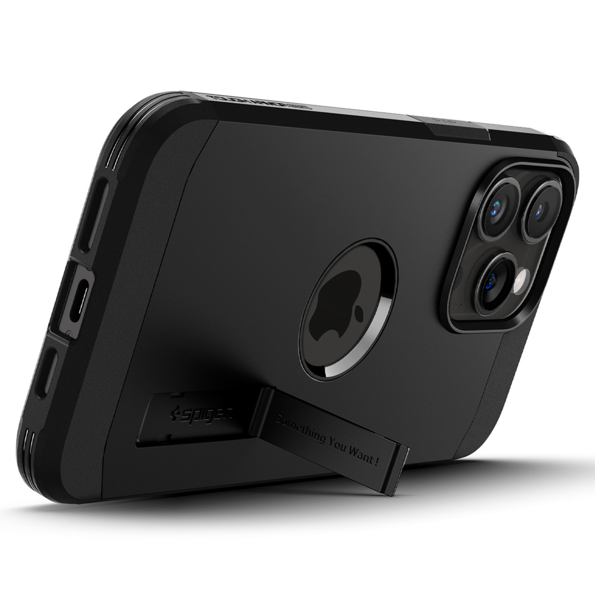 Coque de téléphone noire avec téléphone. Béquille intégrée. Logo Spigen visible.