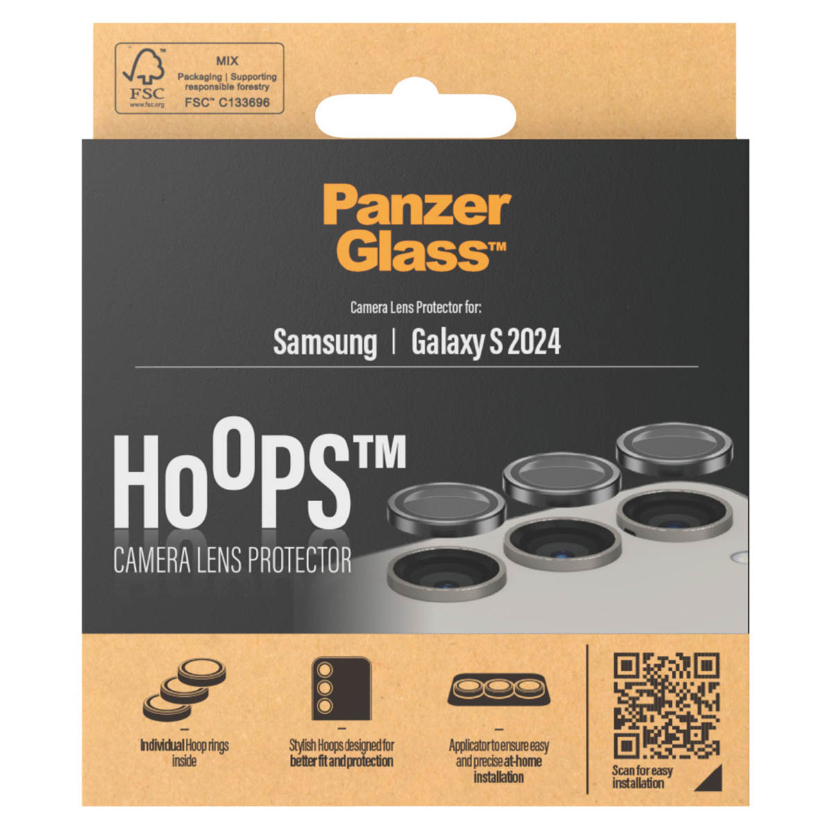 PanzerGlass cameralensbeschermer verpakking. Bruine verpakking. Hoops Camera Lens Protector.