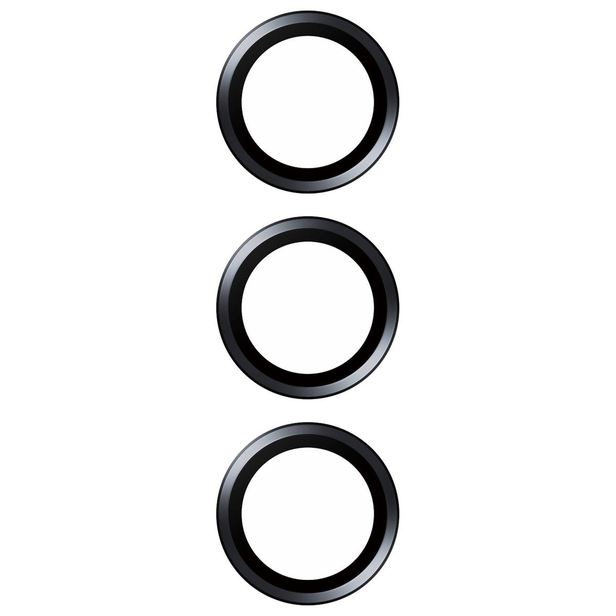 Drie zwarte ringen met witte centra op een witte achtergrond.