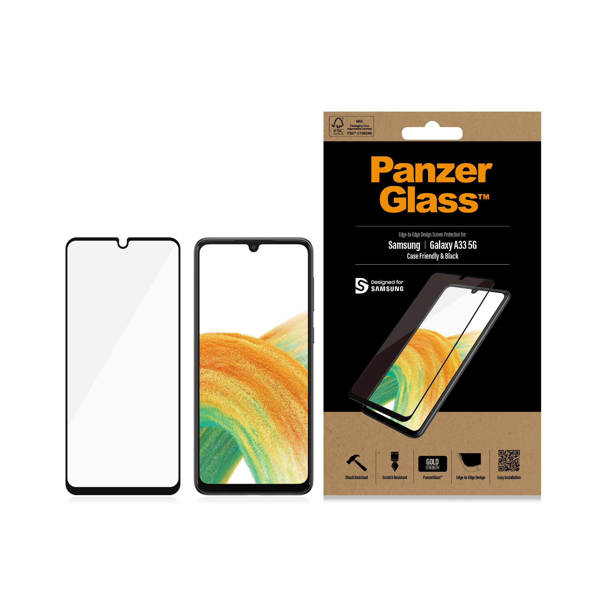 Confezione della protezione dello schermo. Un telefono viene visualizzato accanto. Testo: Panzer Glass.