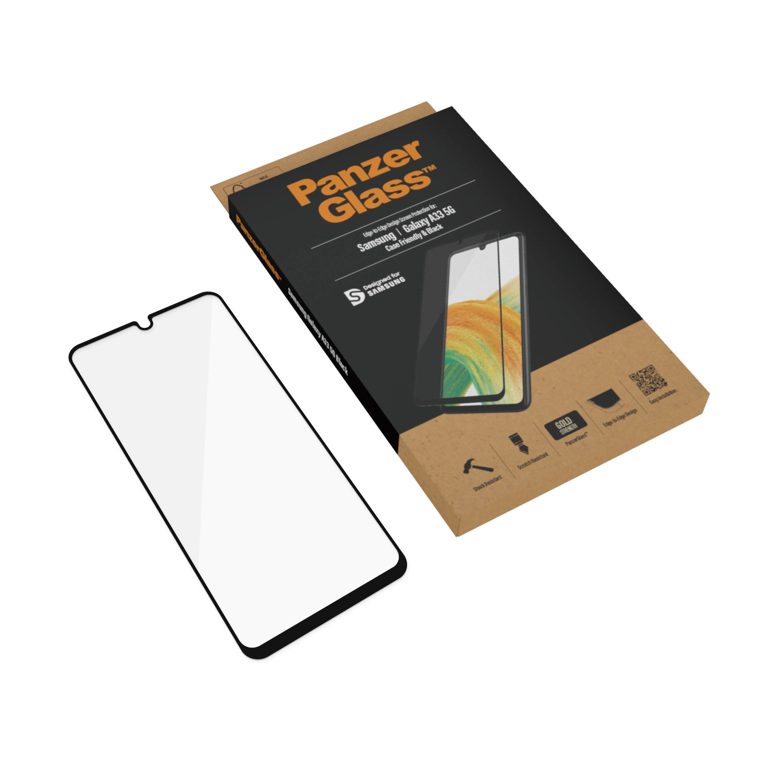 Scatola con protezione schermo PanzerGlass per Samsung Galaxy A33 5G. Il vetro è accanto alla scatola.