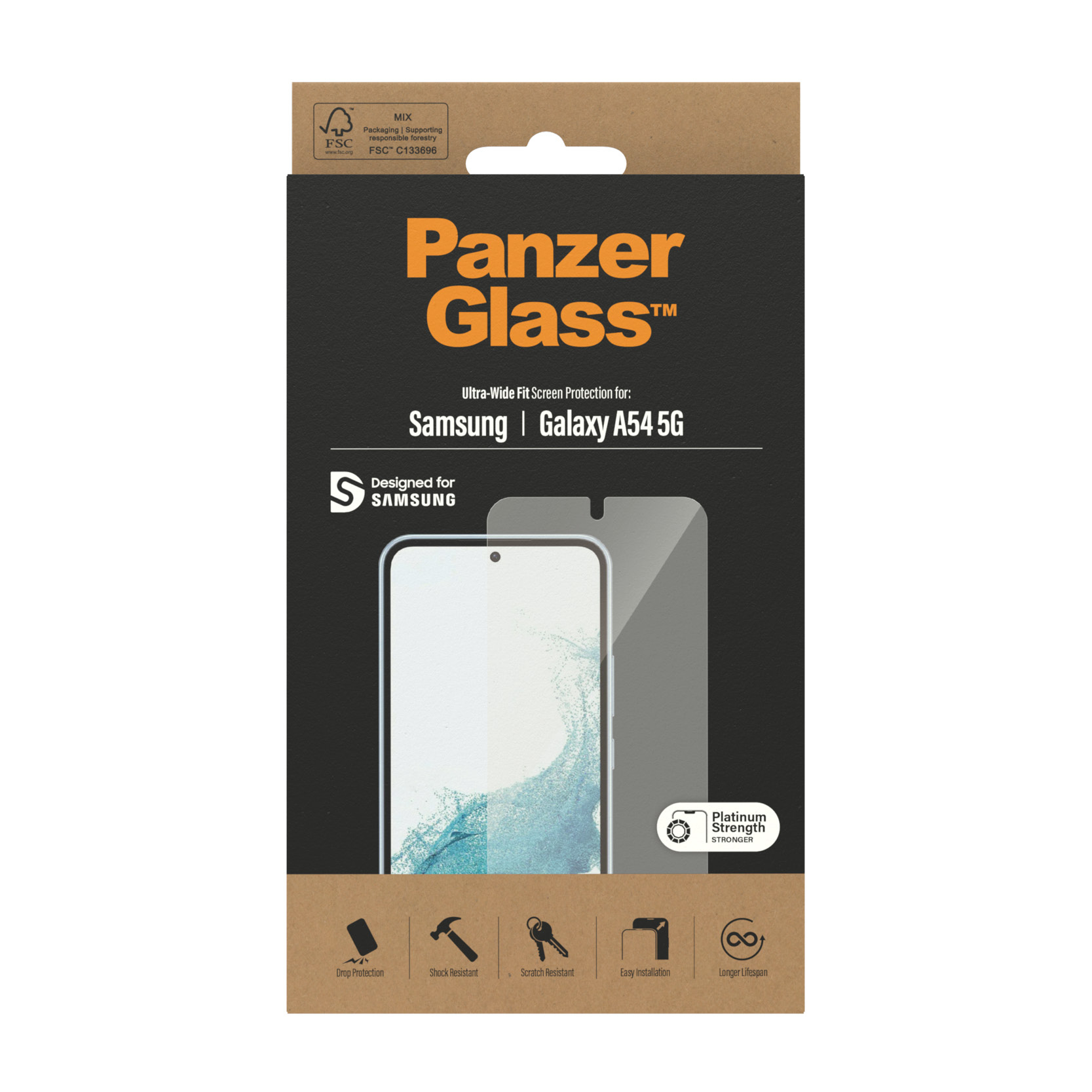 PanzerGlass screen protector packaging. Brown packaging. Screen protector for Samsung Galaxy A54 5G.