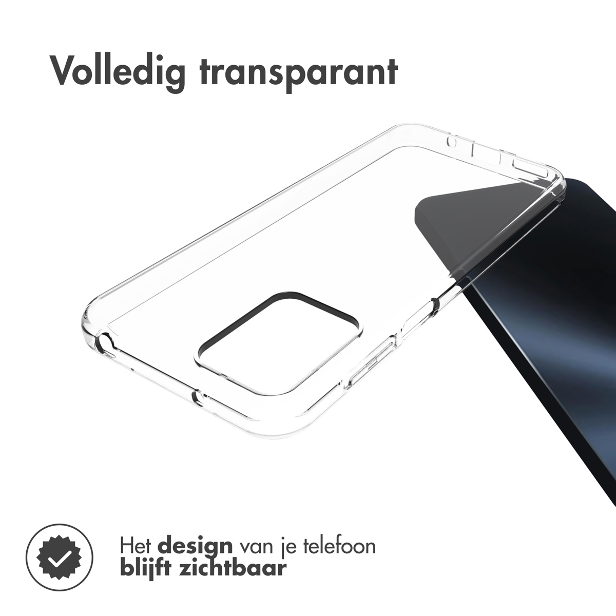 Una custodia trasparente copre parzialmente un telefono. Il testo recita: 'Het design van je telefoon blijft zichtbaar'.