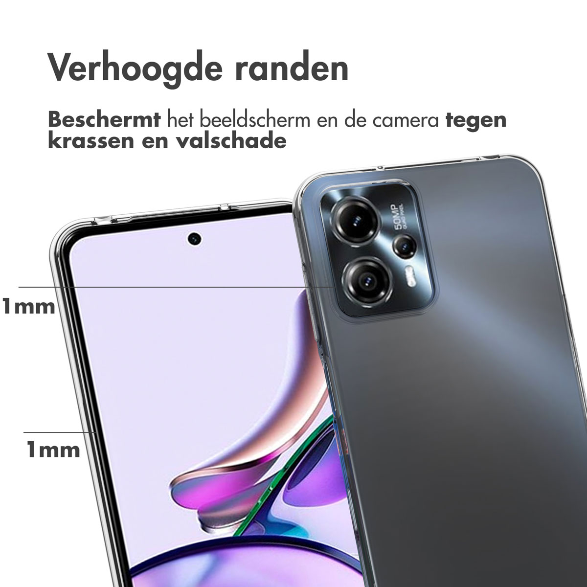 Téléphone et coque transparente. Texte néerlandais : 'Bords surélevés'. Protège des rayures.