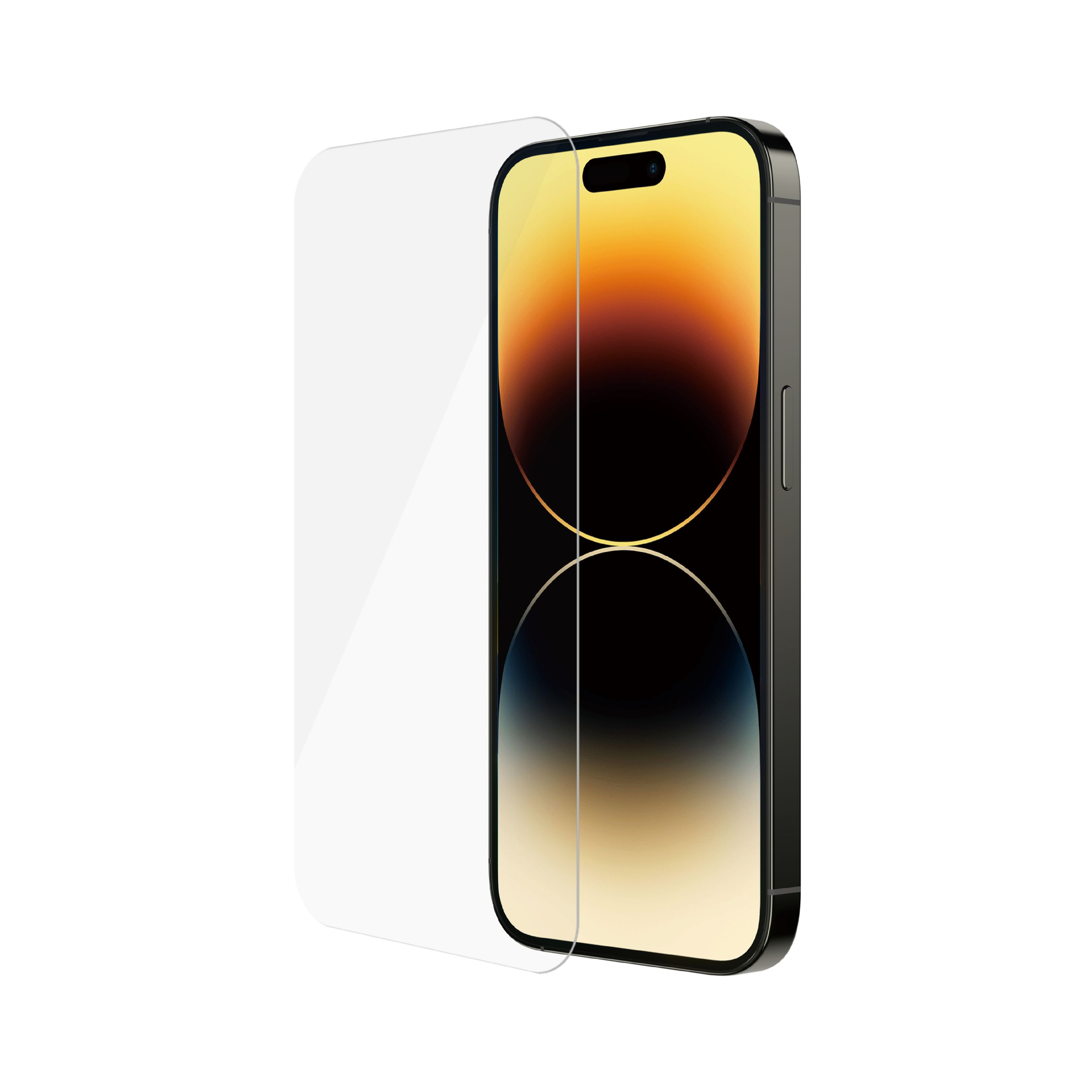 Cam ekran koruyucu takılmış iPhone. Ekran açık ve sarı bir geçiş görüntülüyor.