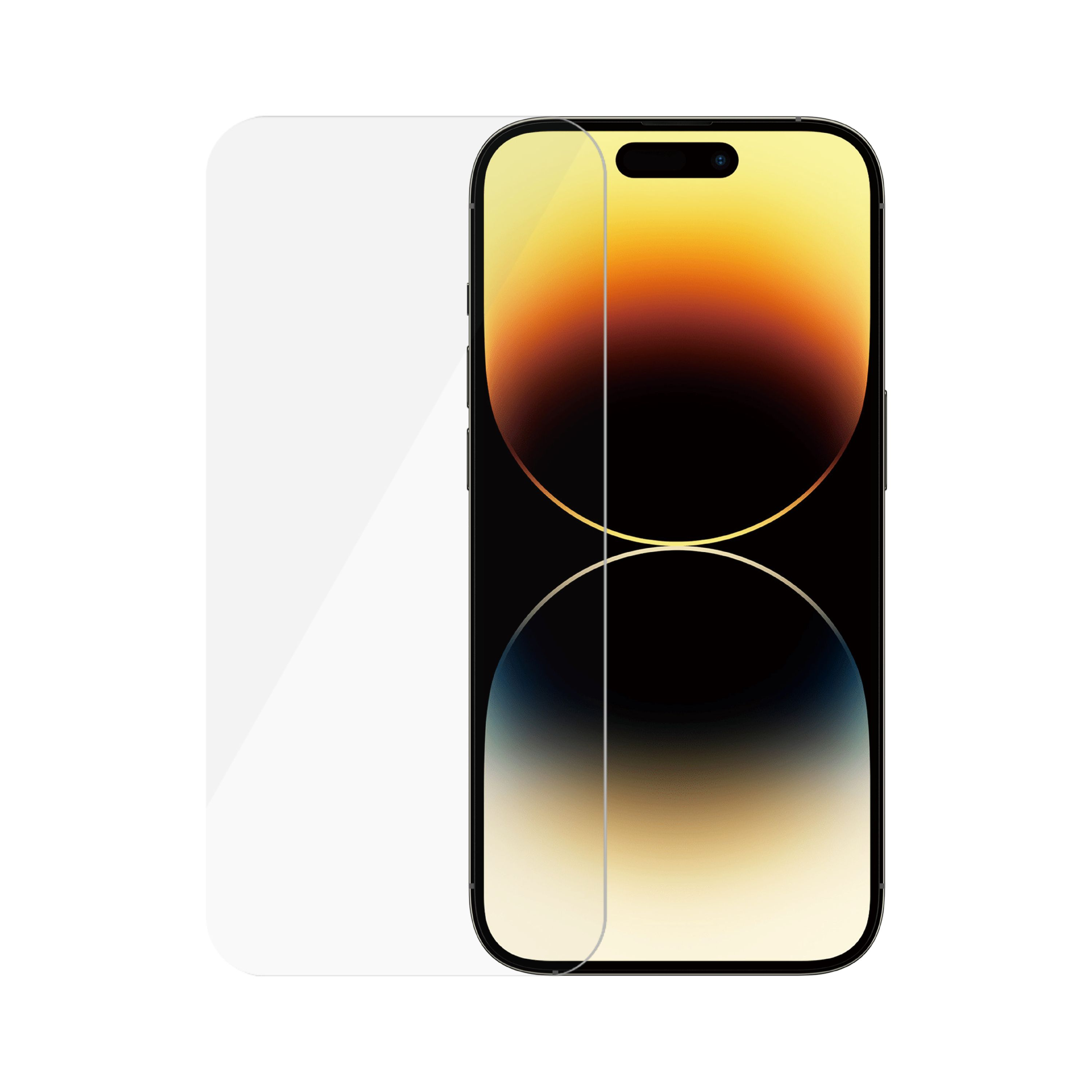 Bir telefonun yanında akıllı telefon ekran koruyucusu. Ekran sarı ve siyah.