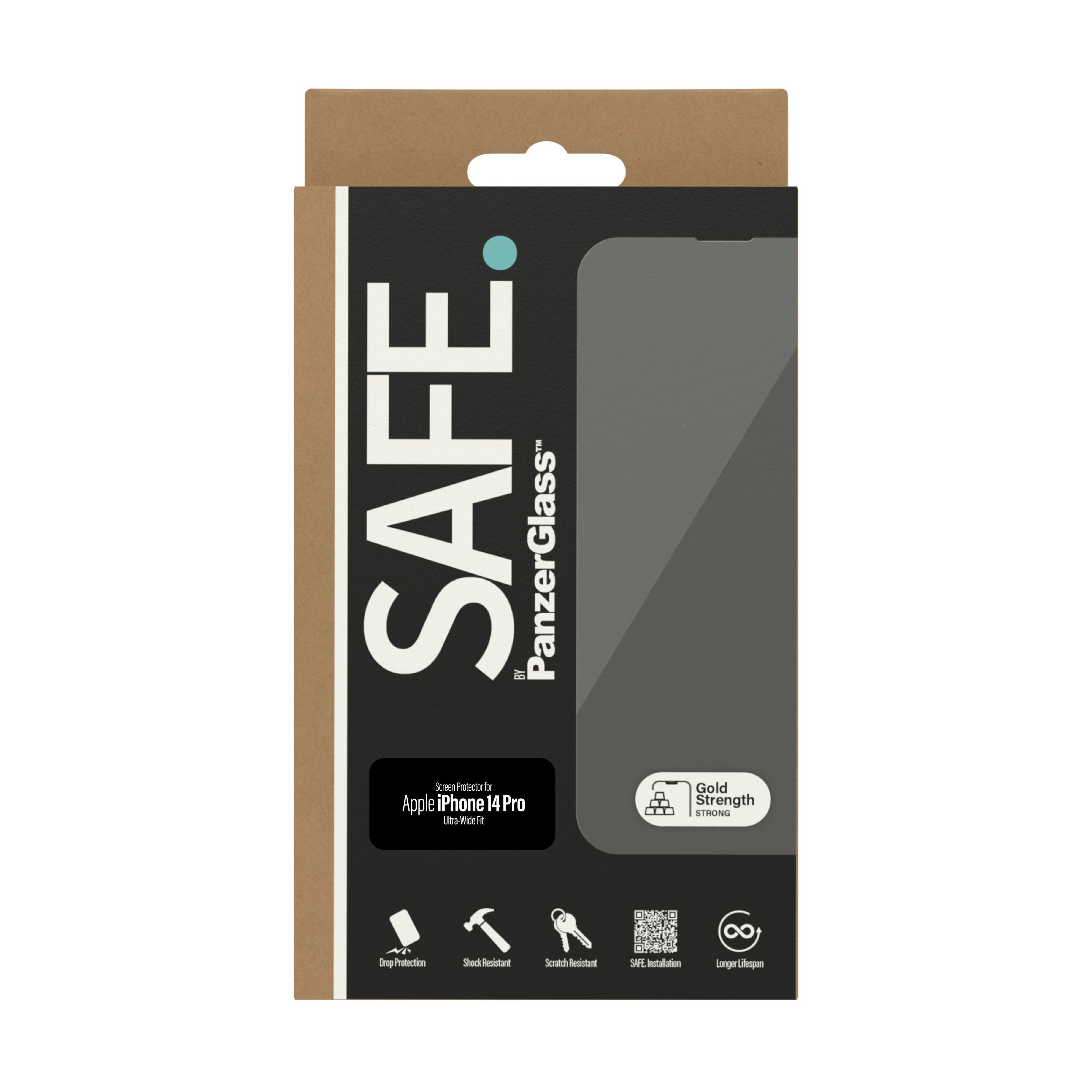 SAFE by PanzerGlass ekran koruyucu kutusu, telefon görüntüsü ve koruma özellikleri için simgeler.