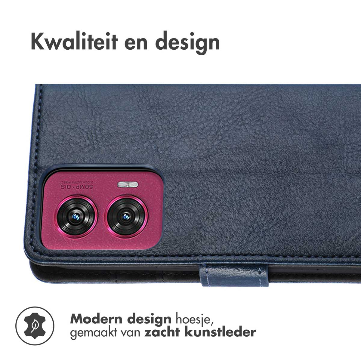 Telefoonhoesje met een telefoon erin. De telefoon heeft een roze cameramodule.