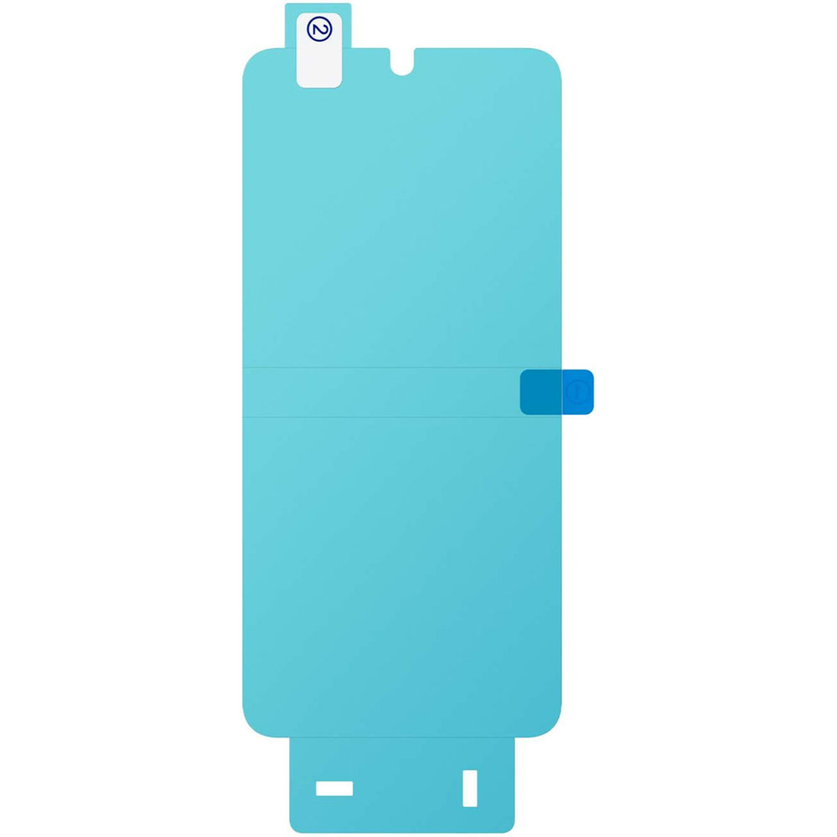 Blue screen protector with a peel-off layer. Shows the different layers and a phone outline.
