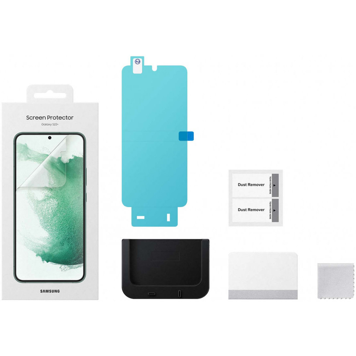 Box with Samsung screen protector kit, including screen protector, dust removers and cleaning cloth.
