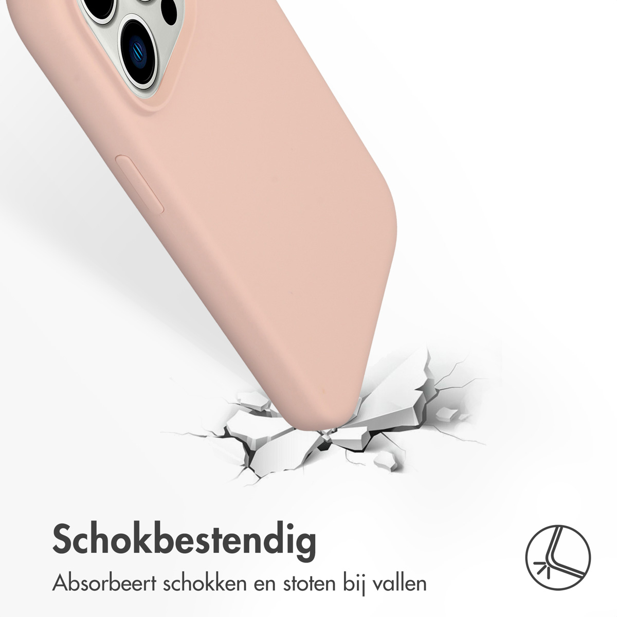 Roze telefoonhoes op wit oppervlak. De telefoonhoes barst het oppervlak.