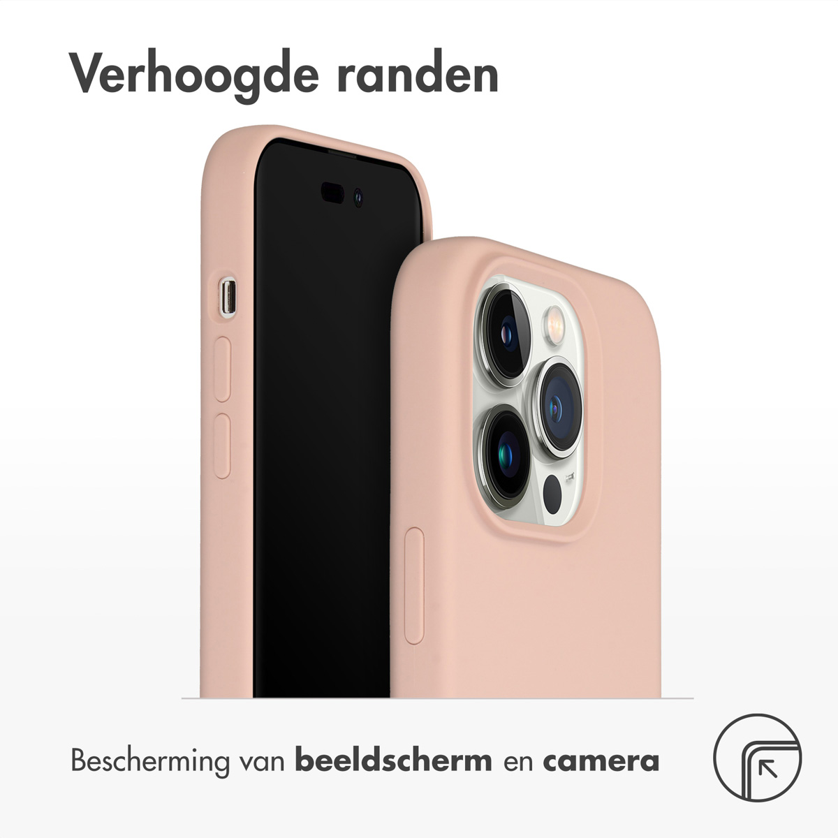 Roze telefoonhoes en een telefoon. De telefoon heeft een zwart scherm. De hoes heeft verhoogde randen.