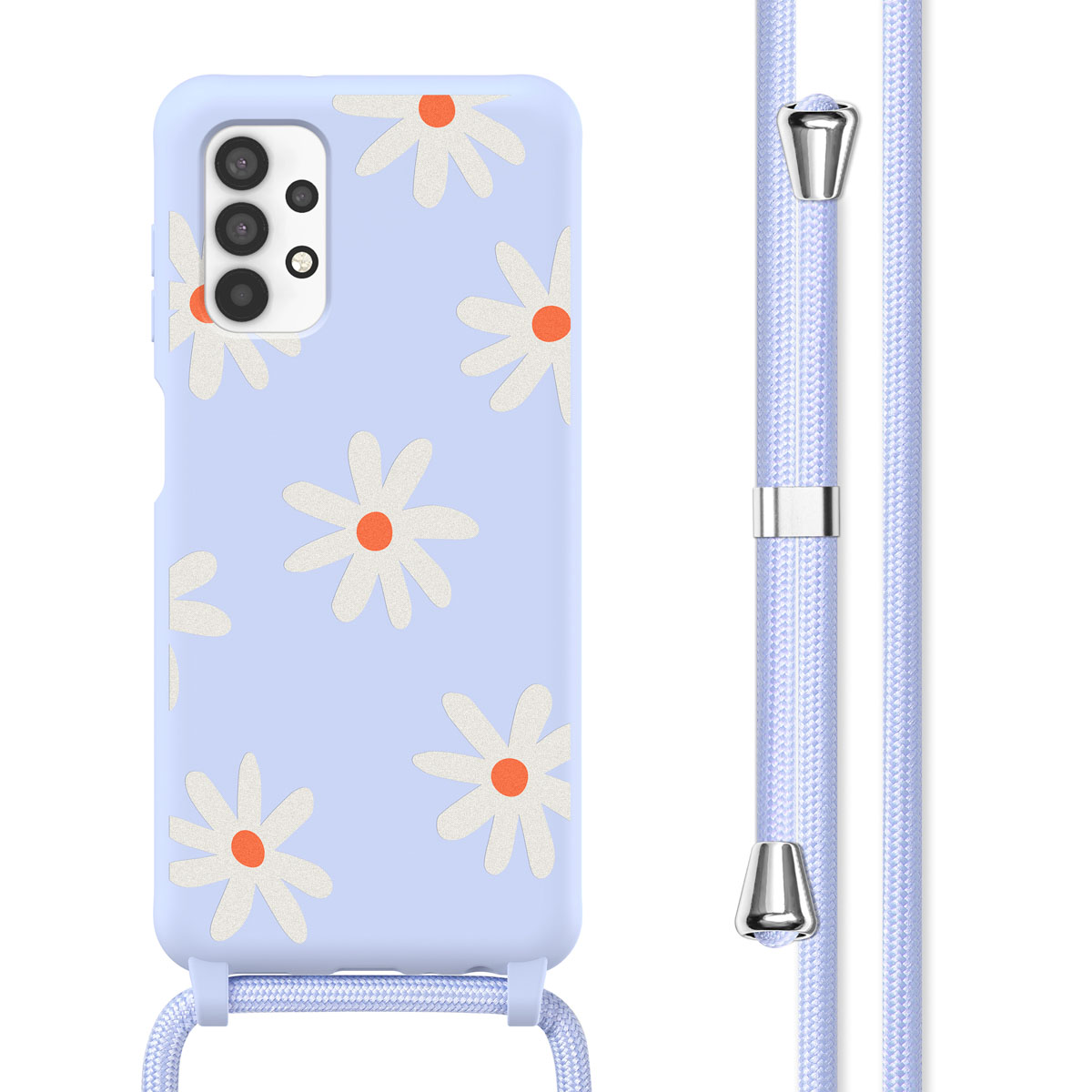 Lichtblauwe telefoonhoes met madeliefjesontwerp en telefoonriem. De riem is lichtblauw.