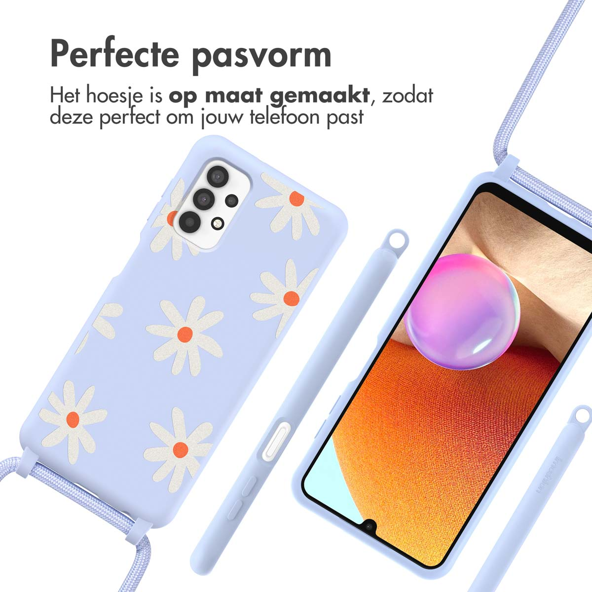 Lichtpaarse telefoonhoes met madeliefjes. Telefoonhoes met madeliefjes.