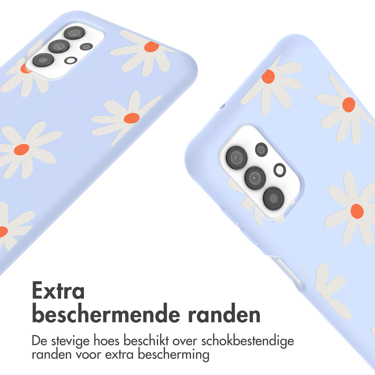 Twee lichtblauwe telefoonhoesjes met witte madeliefpatronen, naar elkaar toe gericht.