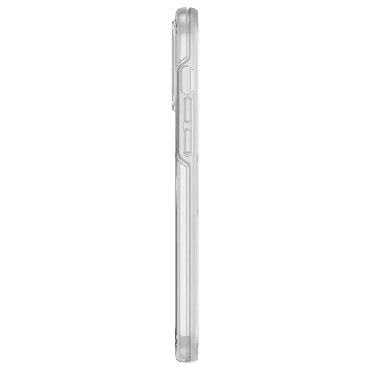 Une coque de téléphone transparente est vue de côté sur un fond blanc. Les détails de la coque sont visibles.