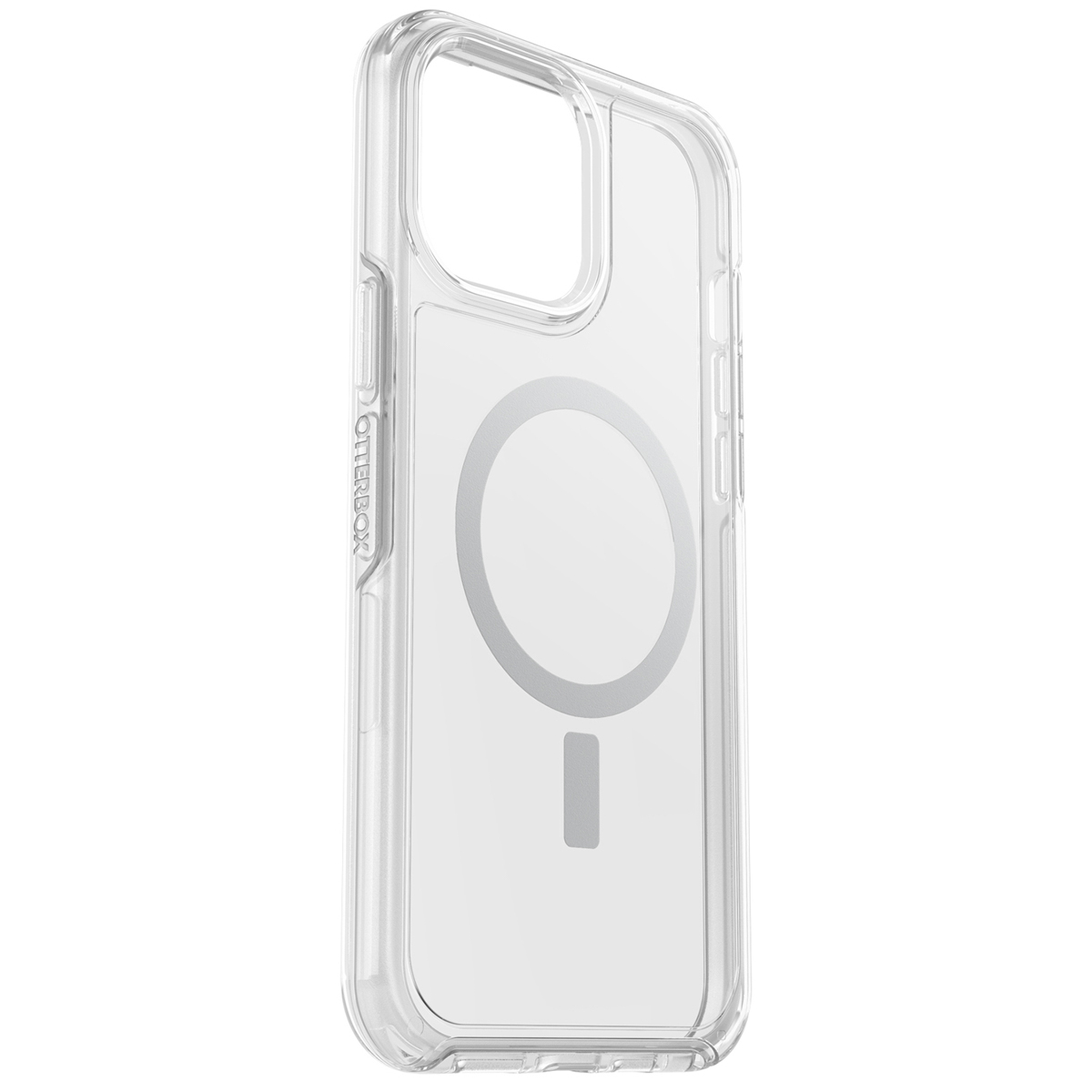 Coque transparente pour iPhone avec dos transparent, zone magnétique circulaire et rectangulaire.