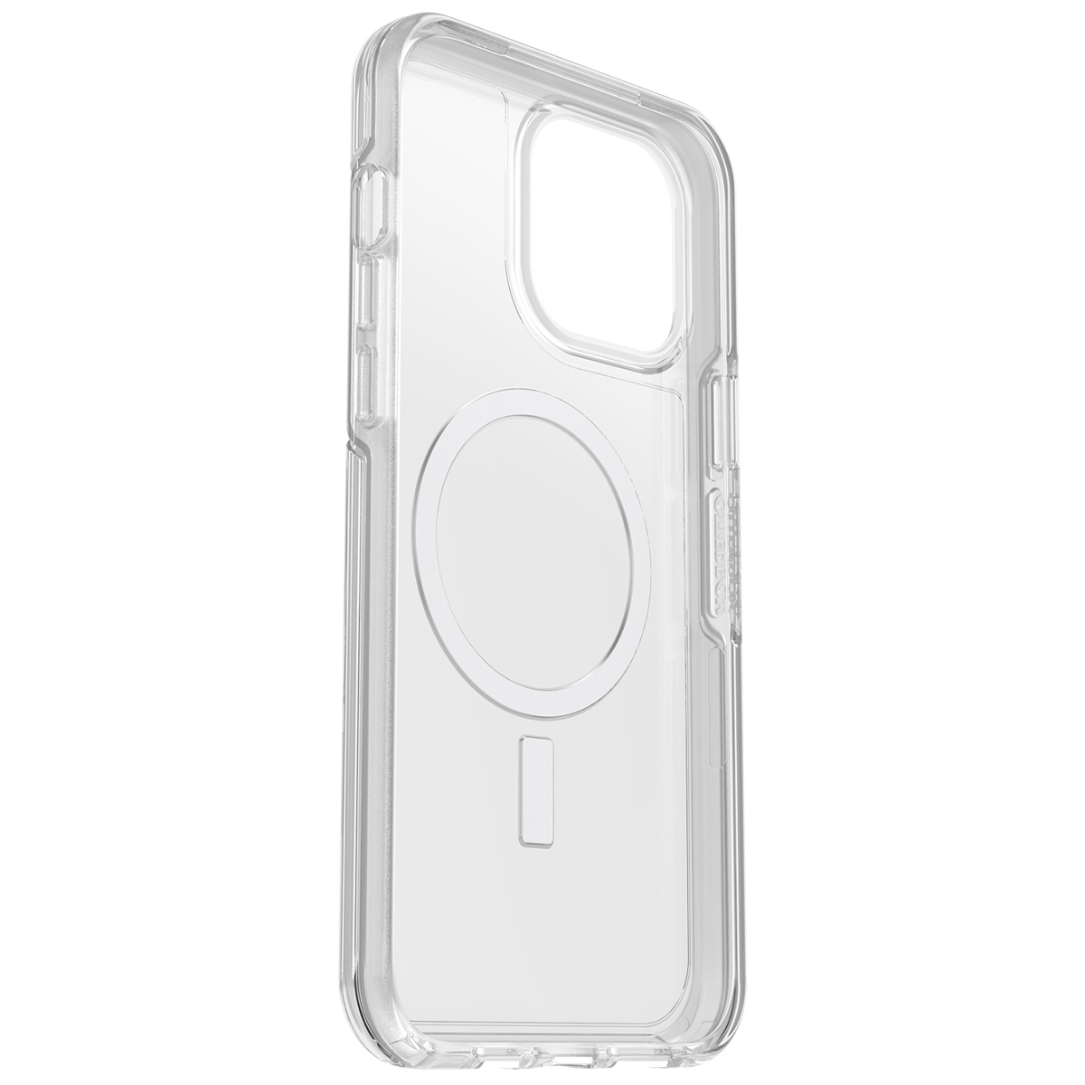 Coque de téléphone transparente avec un anneau noir et une découpe pour la caméra.