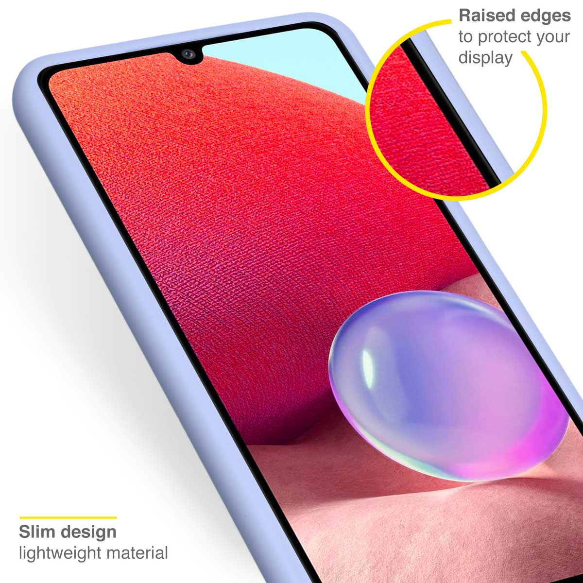 Une coque de téléphone bleu clair, avec un téléphone à l'intérieur. Le téléphone a un fond rouge et violet.