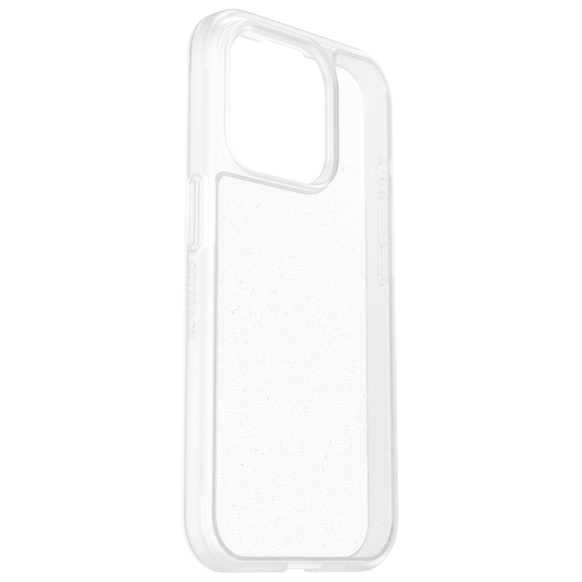 Transparente Handyhülle mit Glitzer auf der Rückseite und weißem Hintergrund.