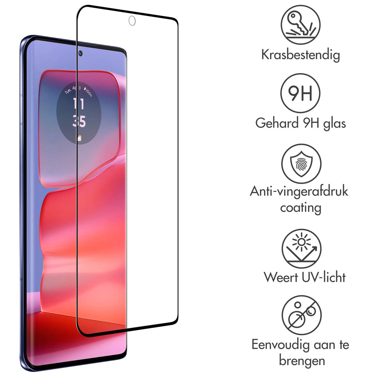 Phone with glass screen protector. It has anti-fingerprint coating and UV protection.