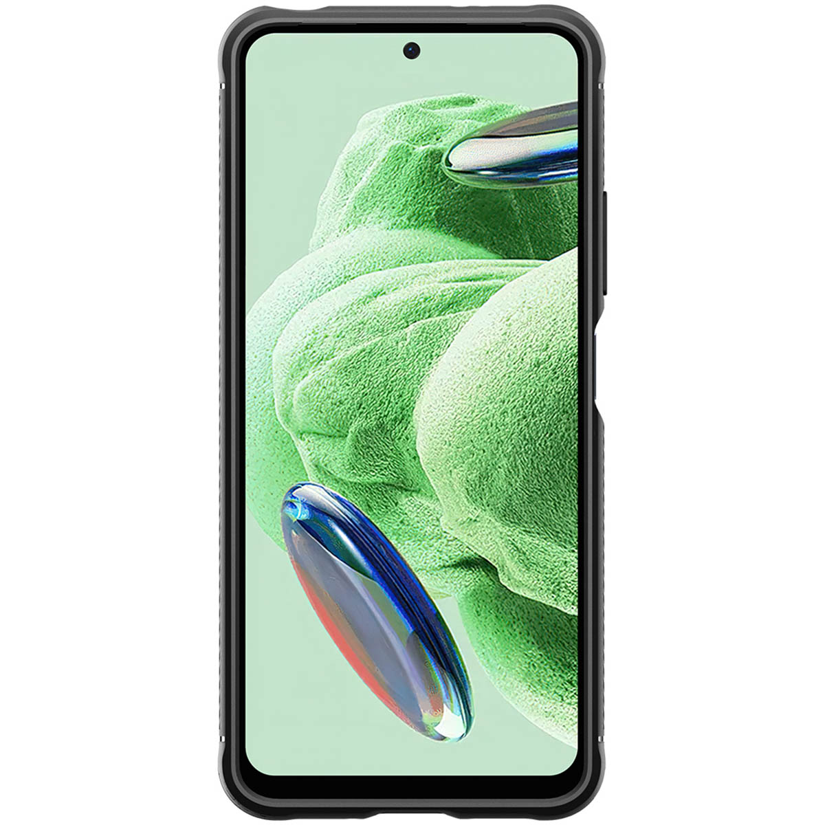 Telefon w czarnym etui. Ekran pokazuje zielony i niebieski.