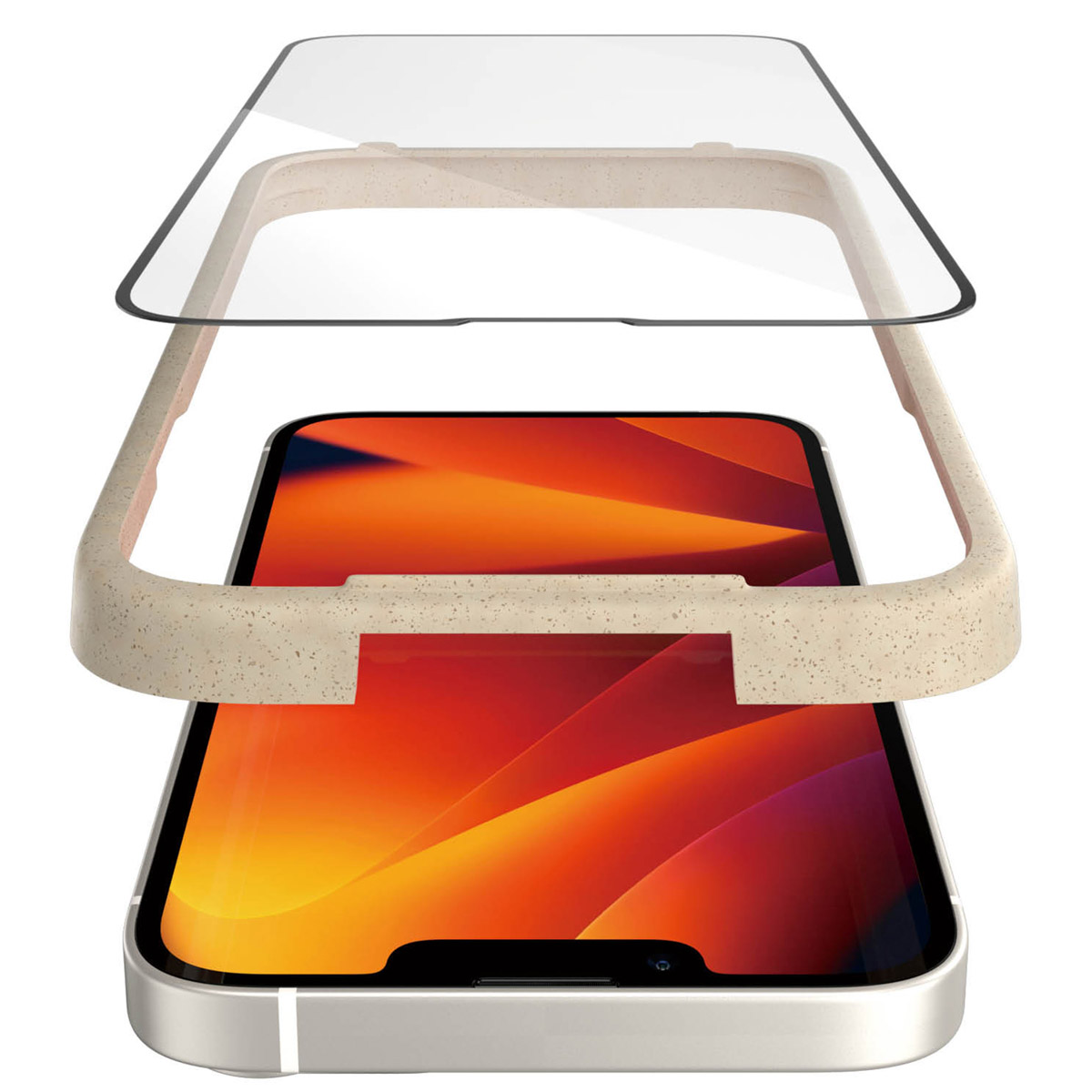 Telefon z ochraniaczem ekranu i beżową ramką.