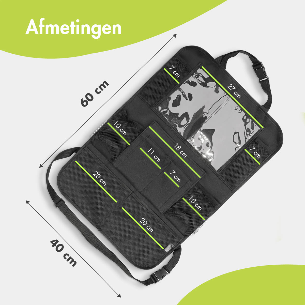Zwarte auto stoelorganizer met zakken van verschillende maten, met afmetingen.