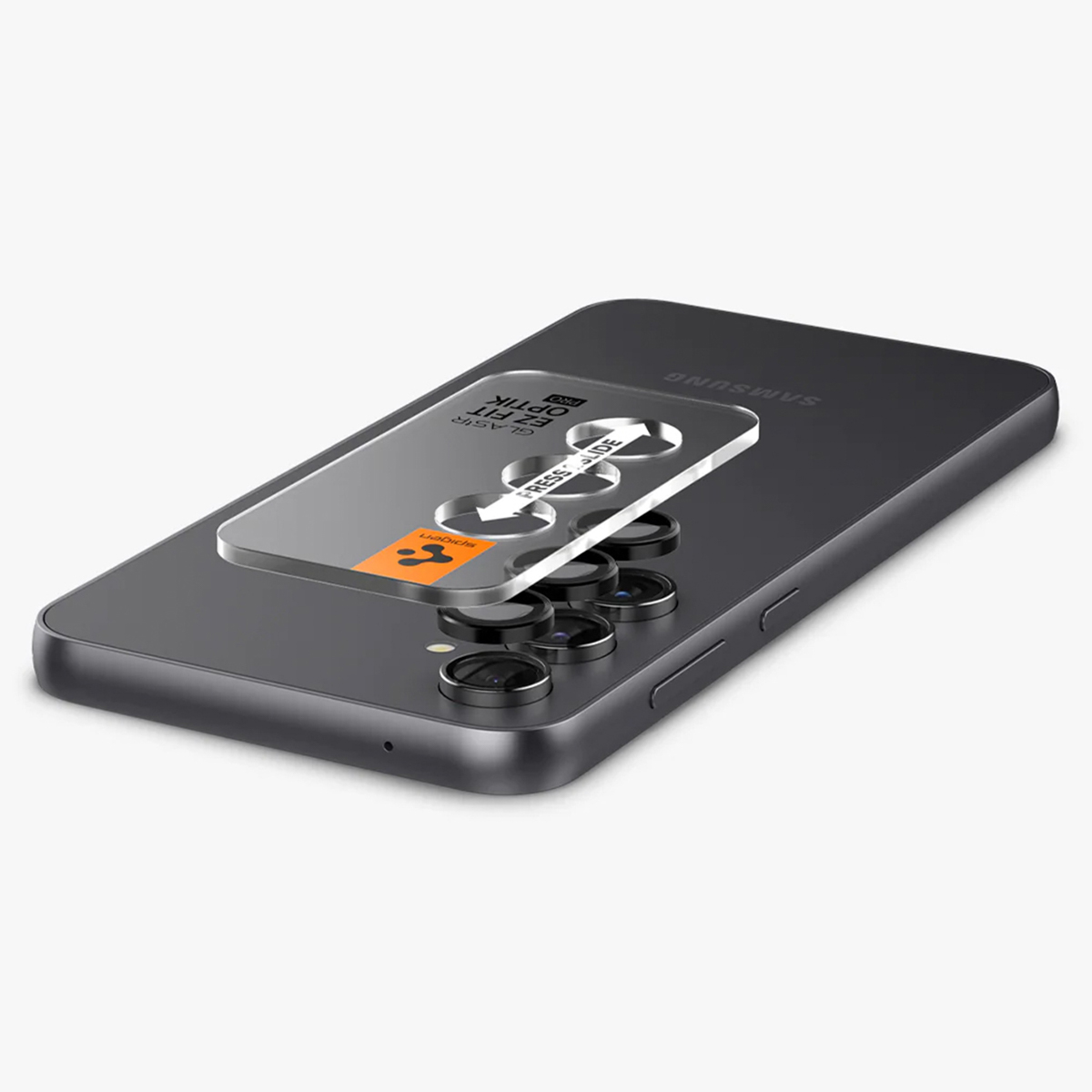 Protection d'écran sur un téléphone avec des lentilles de caméra. Texte dit installation facile.