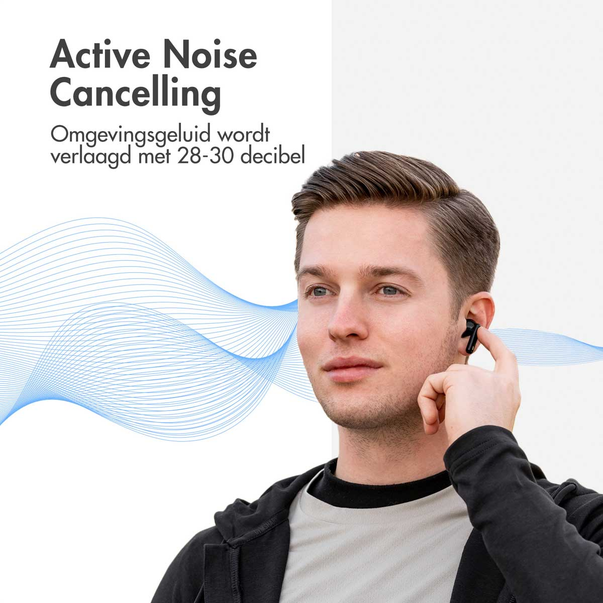 Man wearing earbuds, blue sound waves. Text says Active Noise Cancelling.