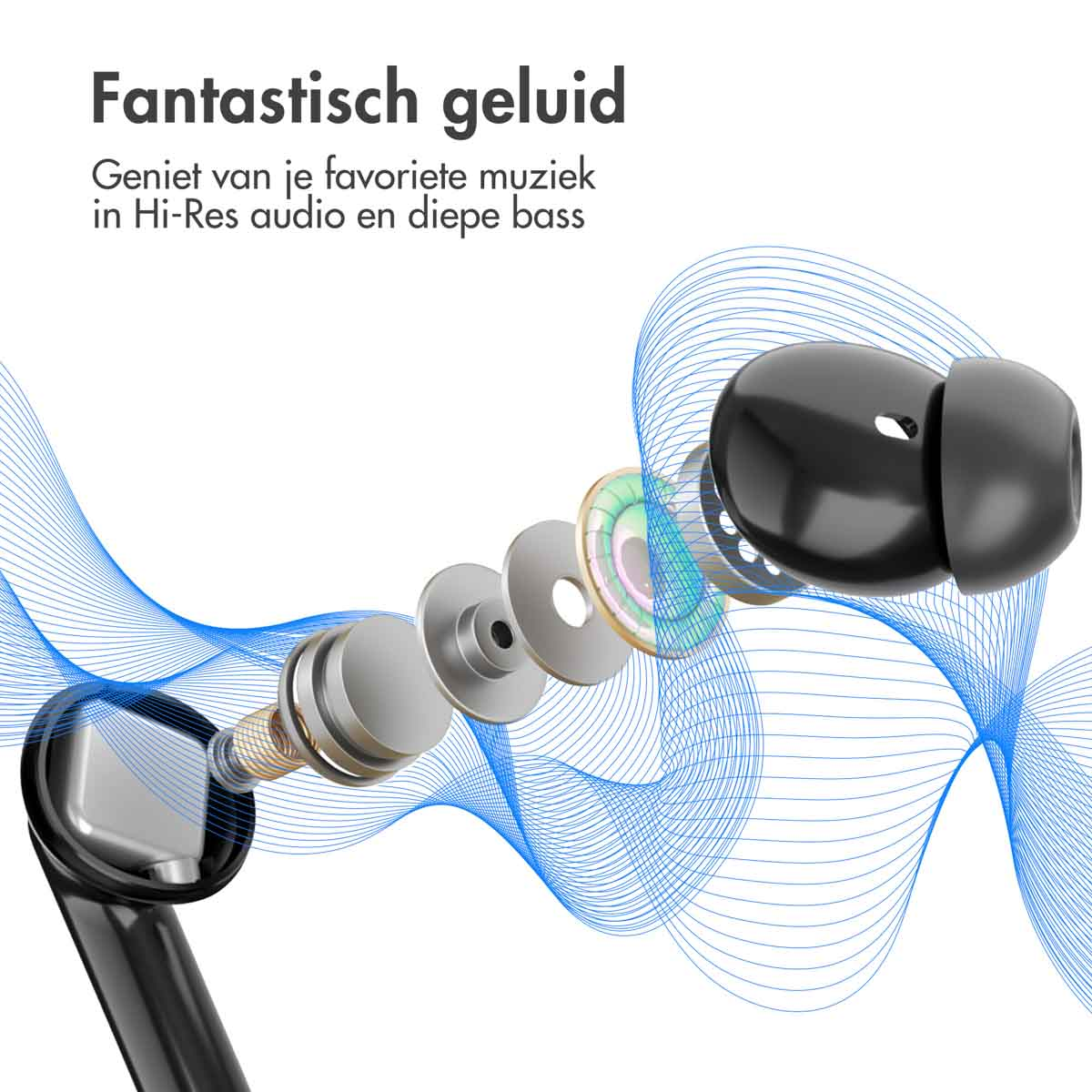 Earbuds with internal components visible, accompanied by blue wavy lines, indicating sound waves.
