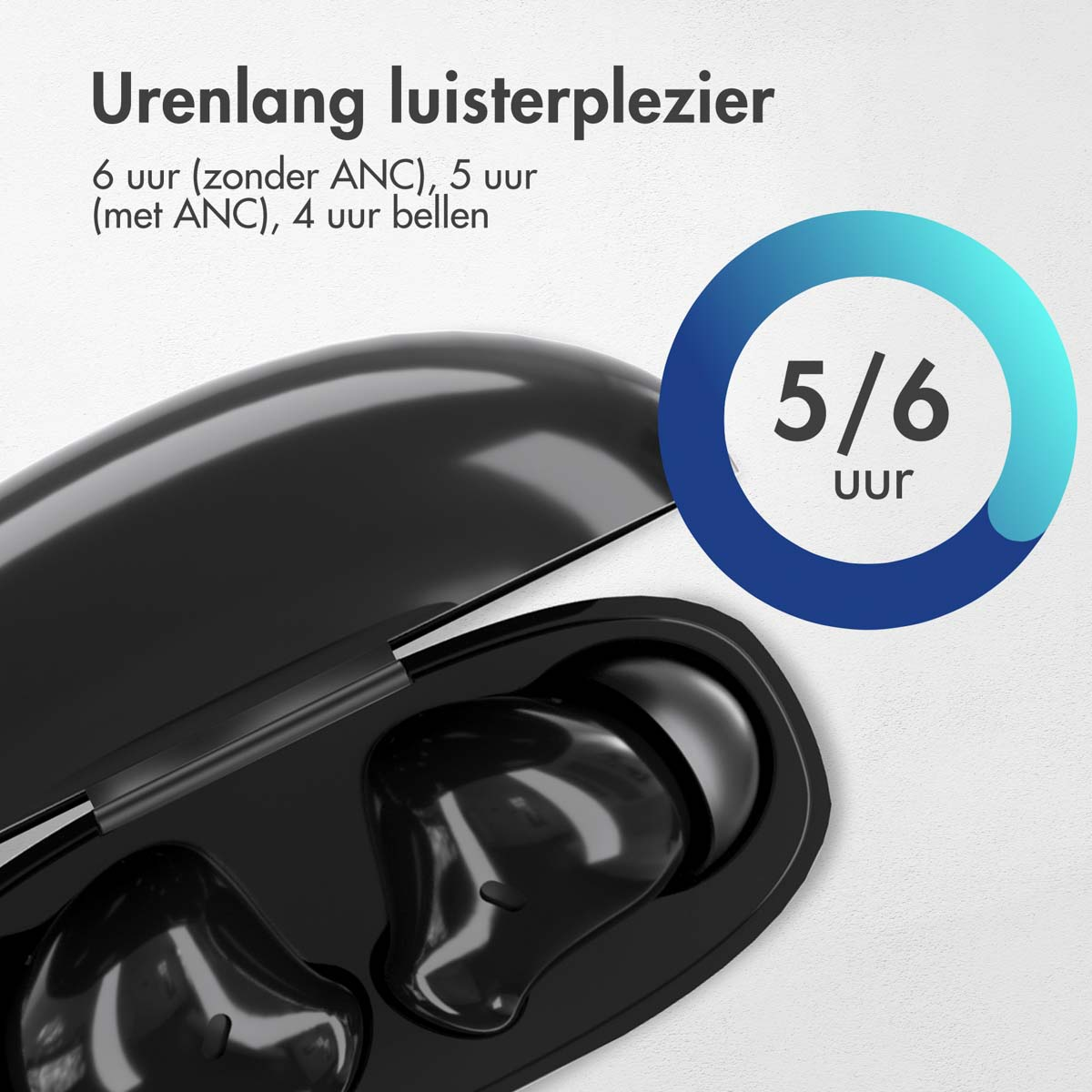 Black earbuds in a charging case, with text about battery life.