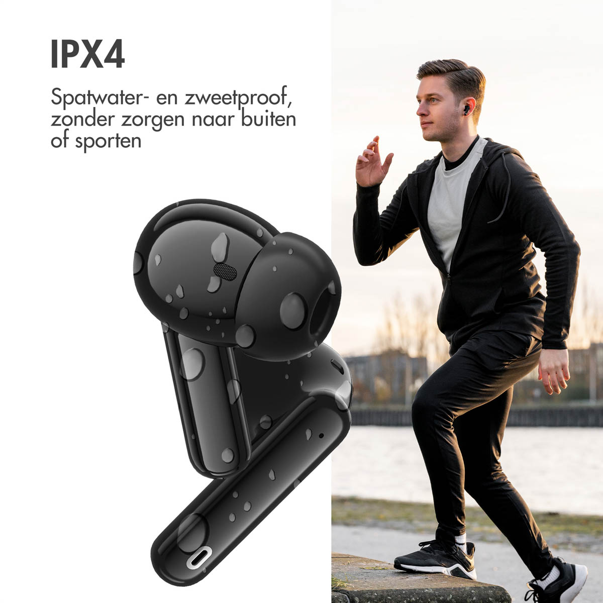 Black earbuds with water droplets. A man runs in the background wearing the earbuds. Text reads IPX4 waterproof.