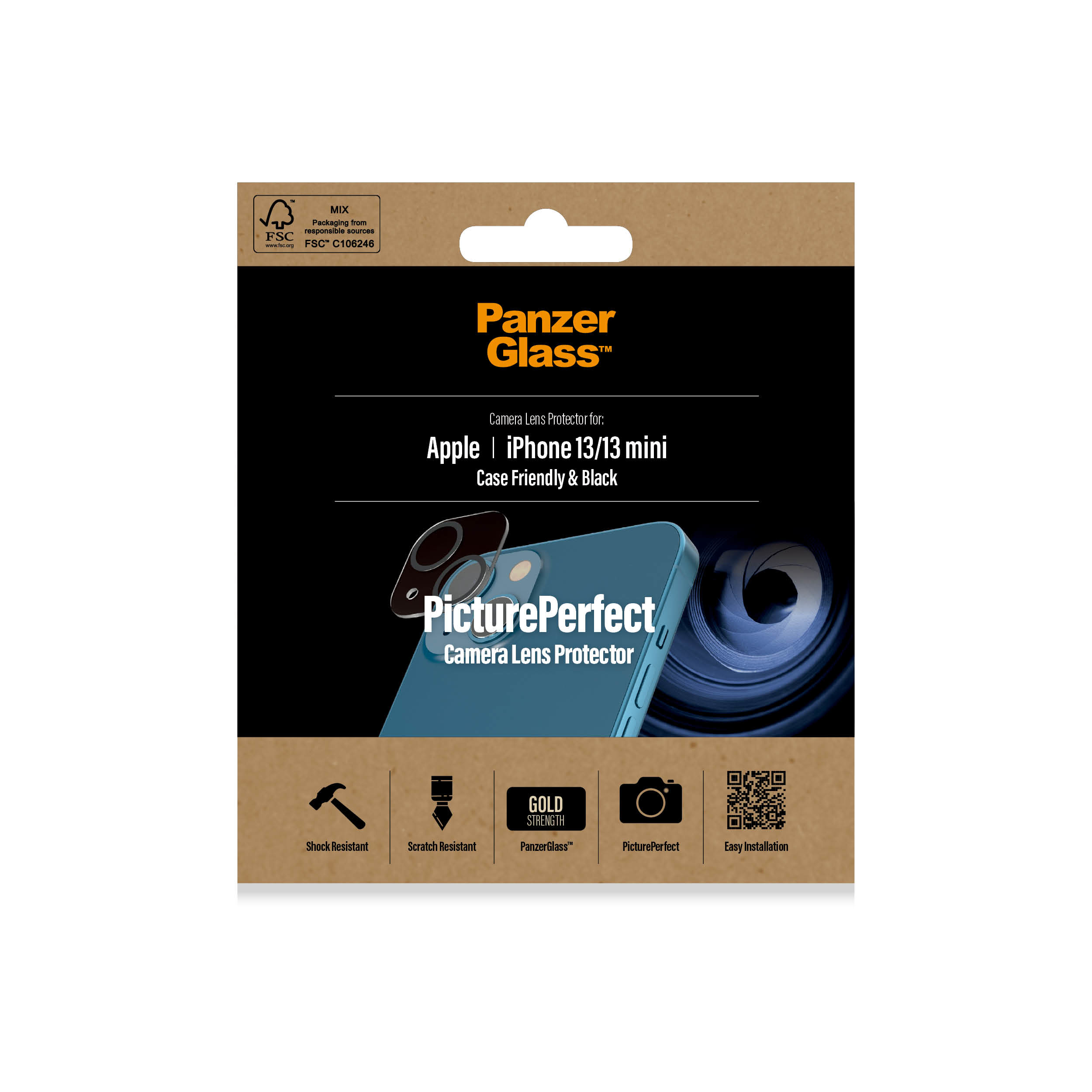 Emballage en carton pour protecteur d'objectif photo, avec logo PanzerGlass et image de téléphone.
