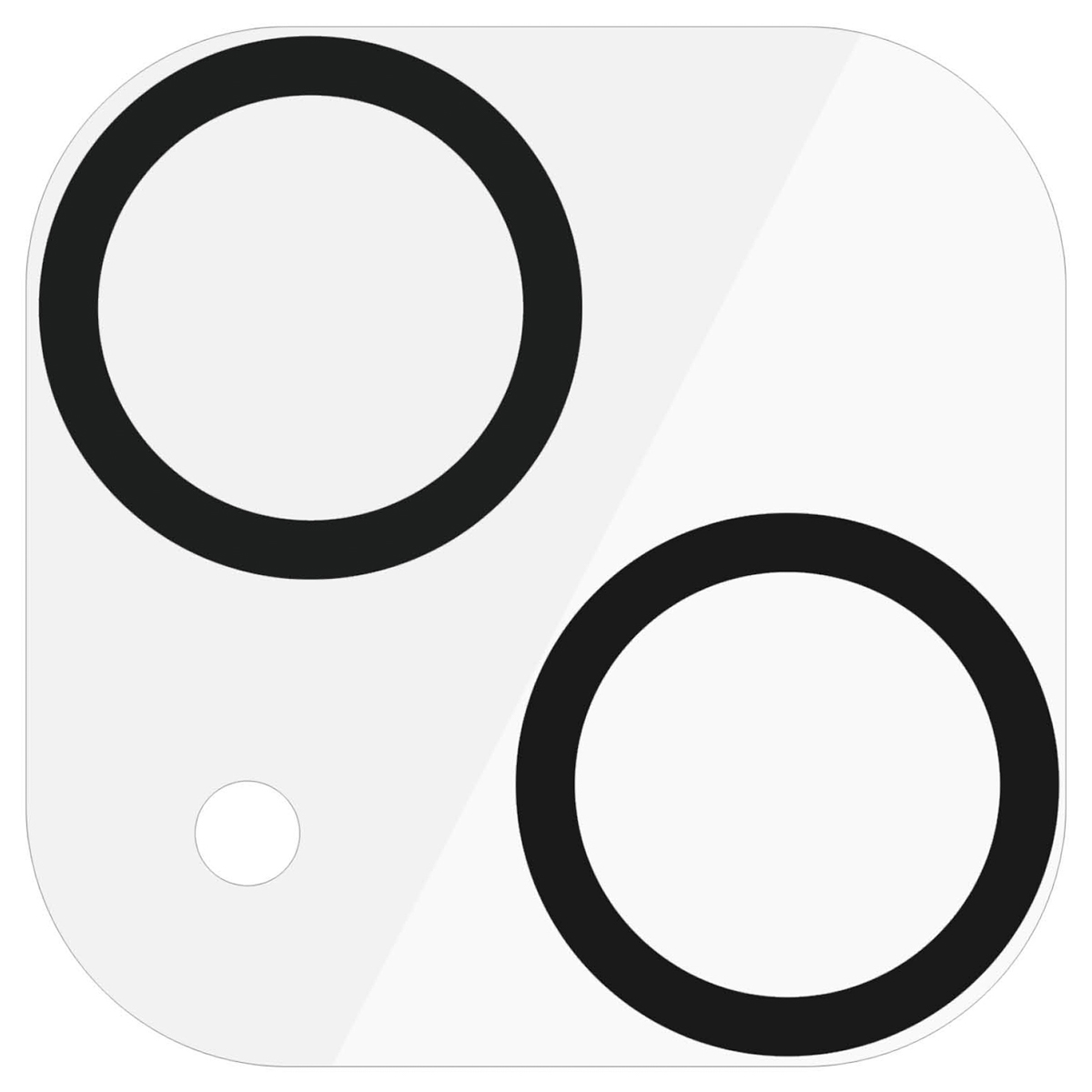 Protecteur d'objectif avec trois cercles noirs et un petit cercle sur une surface blanche.