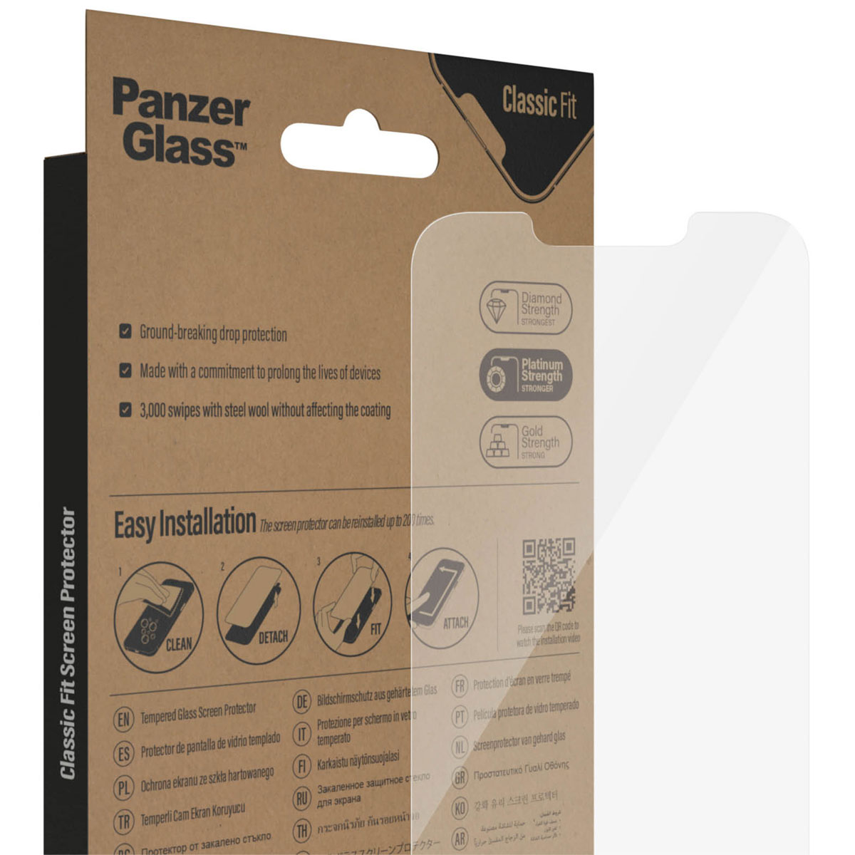 Boîte avec texte et instructions pour le protecteur d'écran du téléphone. Le texte inclut 'Easy Installation'.