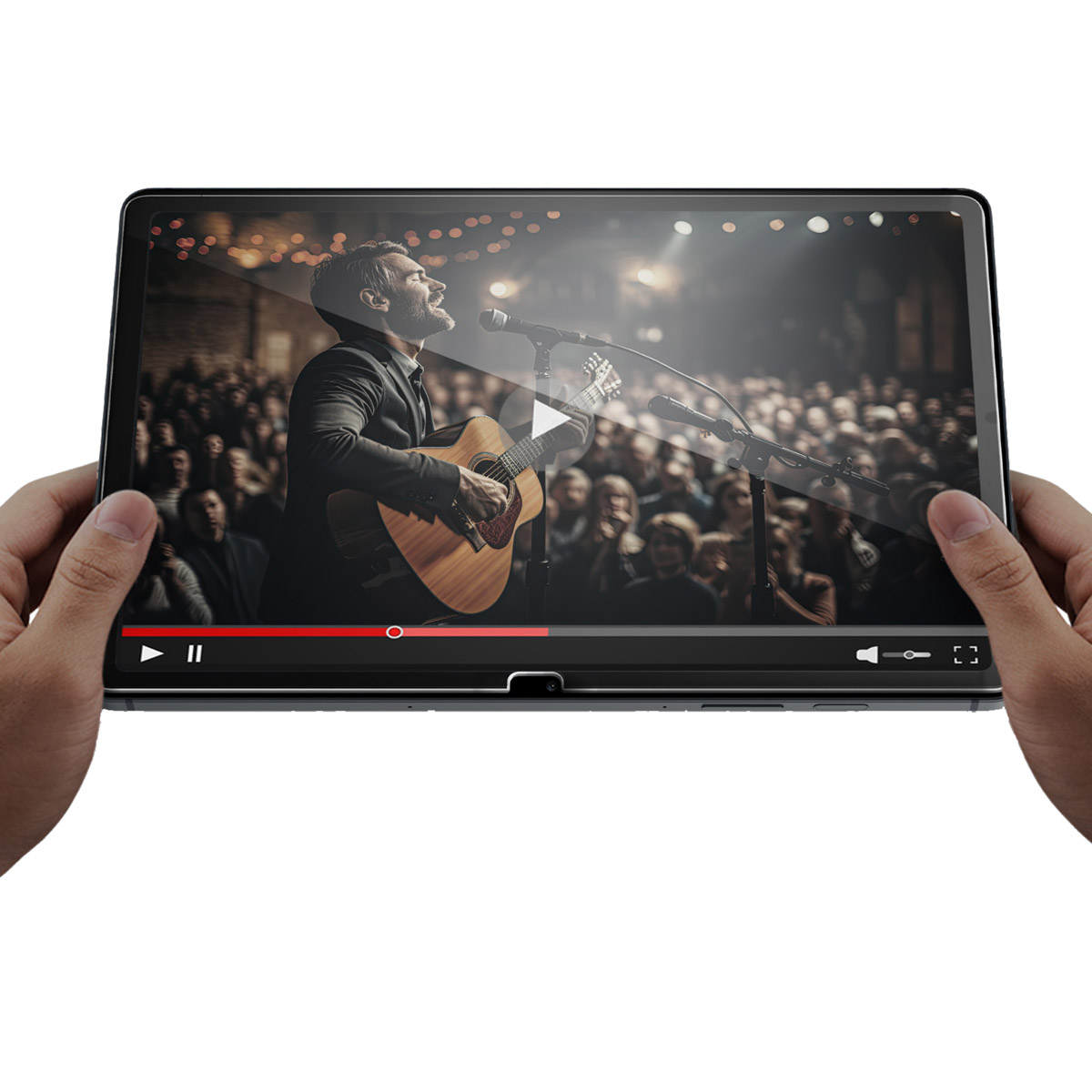 Tablet che riproduce un video di un uomo che canta con una chitarra sul palco.